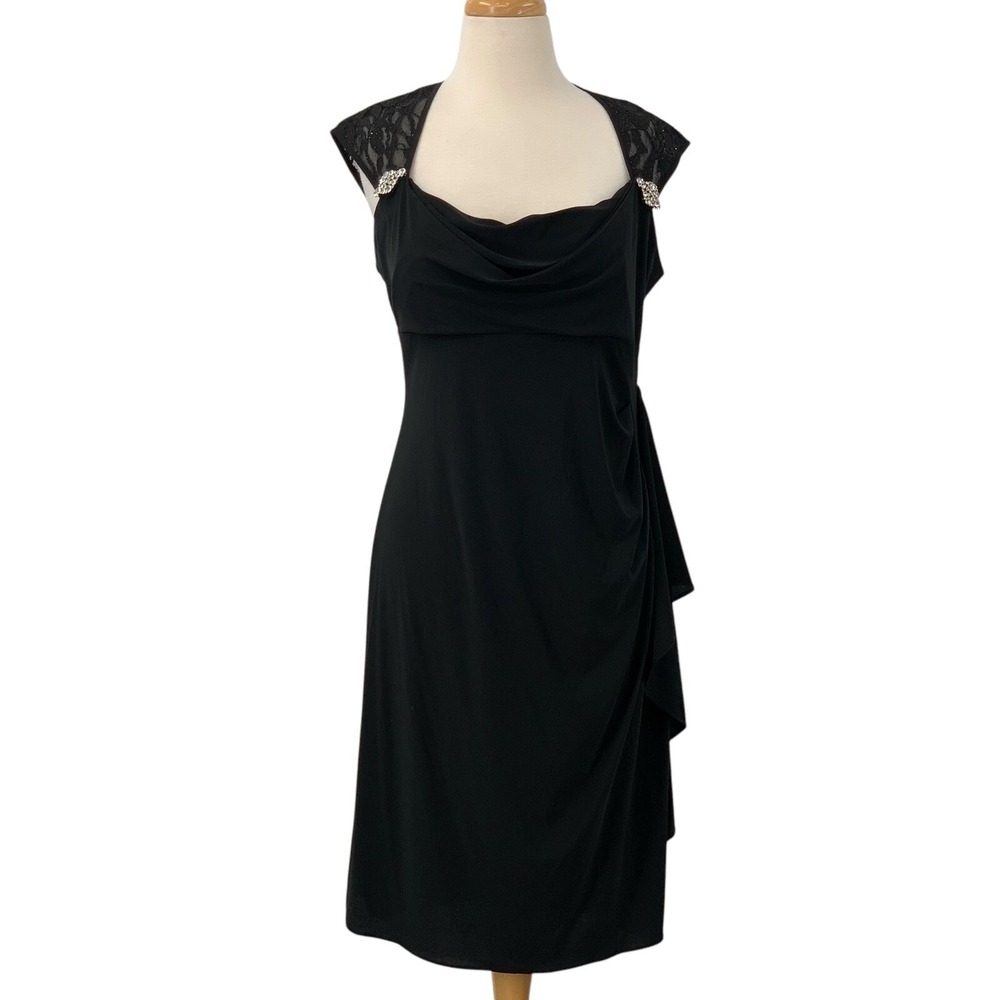 R&M Richards Women'sβ Black Dress Lace Rhinestone Ruched Cocktail Party Size 14